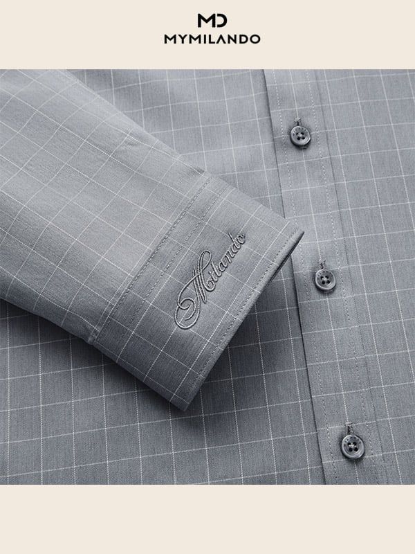 Áo Sơ Mi Nam Milando SMDMI227 Xám Caro Sợi Cafe Khử Mùi