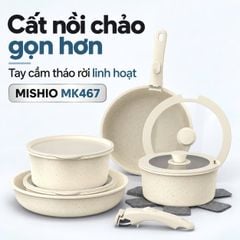 Bộ Nồi Chảo Đá Gốm Chống Dính Mishio 15 Món (5 Nồi Chảo) MK467- Tay Cầm Tháo Rời Thông Minh, Không Chứa PFAS/PTFE, Tương Thích Mọi Loại Bếp