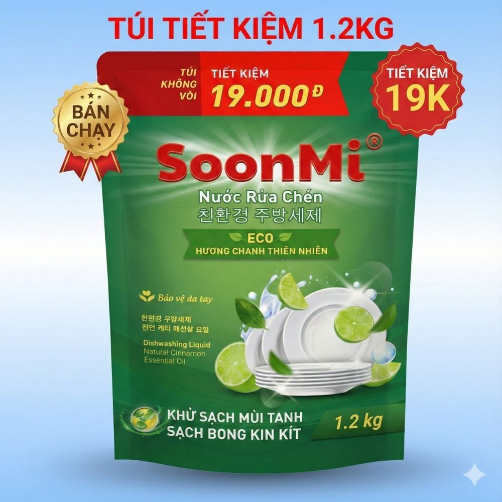 Nước Rửa Chén Soonmi Hương Chanh 1.2kg & 3kg - Sạch Bong Kin Kít, An Toàn Da Tay