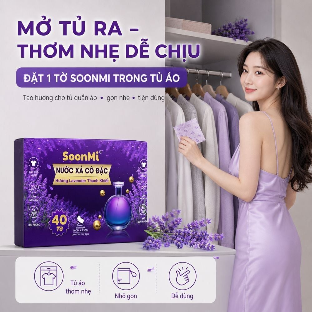 Nước xả cô đặc - Giấy Thơm Quần Áo SoonMi Hương Lavender - Nước Xả Cô Đặc Cho Máy Sấy (Hộp 40 Tờ) MK