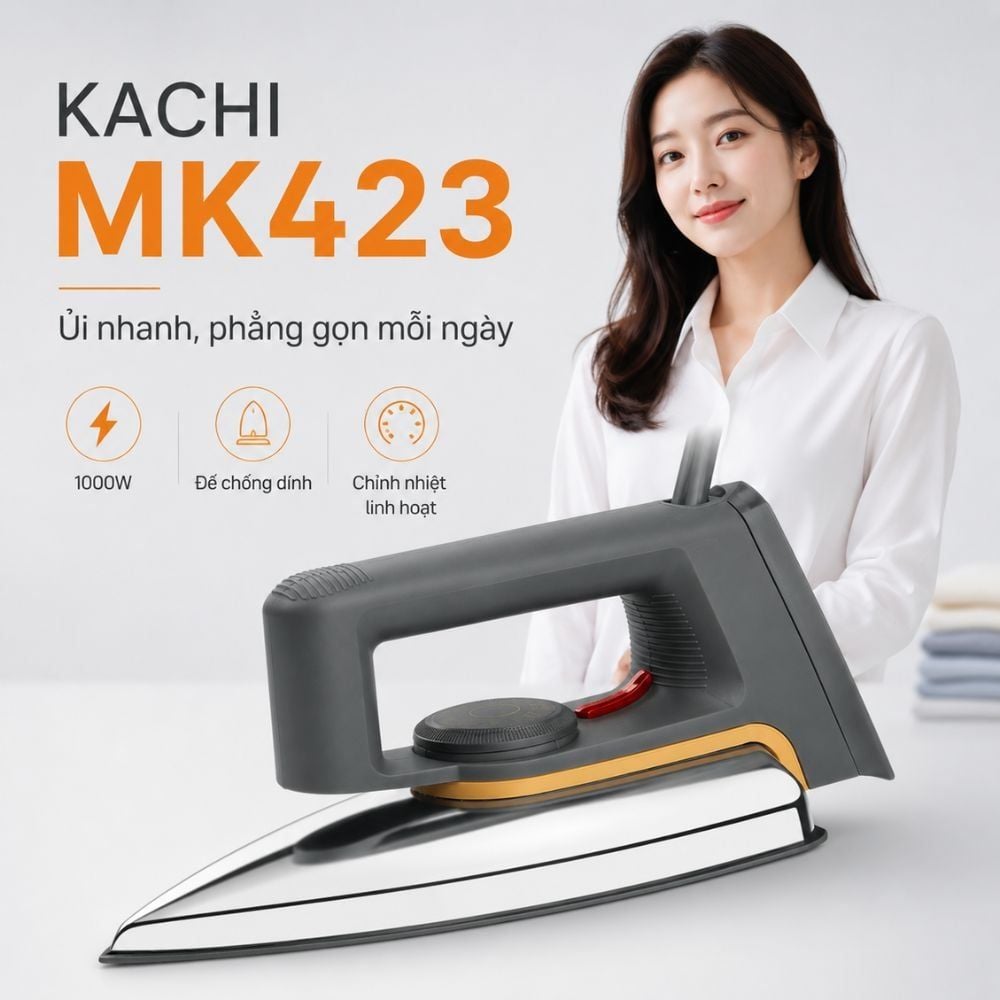 Bàn ủi khô Kachi MK423 1000W - Là phẳng mọi nếp nhăn, an toàn cho mọi loại vải