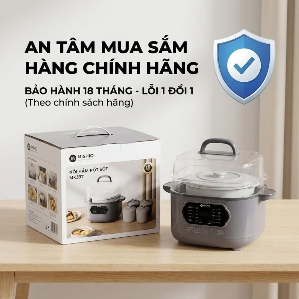 Nồi nấu chậm lòng sứ 3L Mishio MK397 kèm xửng hấp và 4 thố sứ tiện lợi không lo cháy khét hay bong tróc chống dính