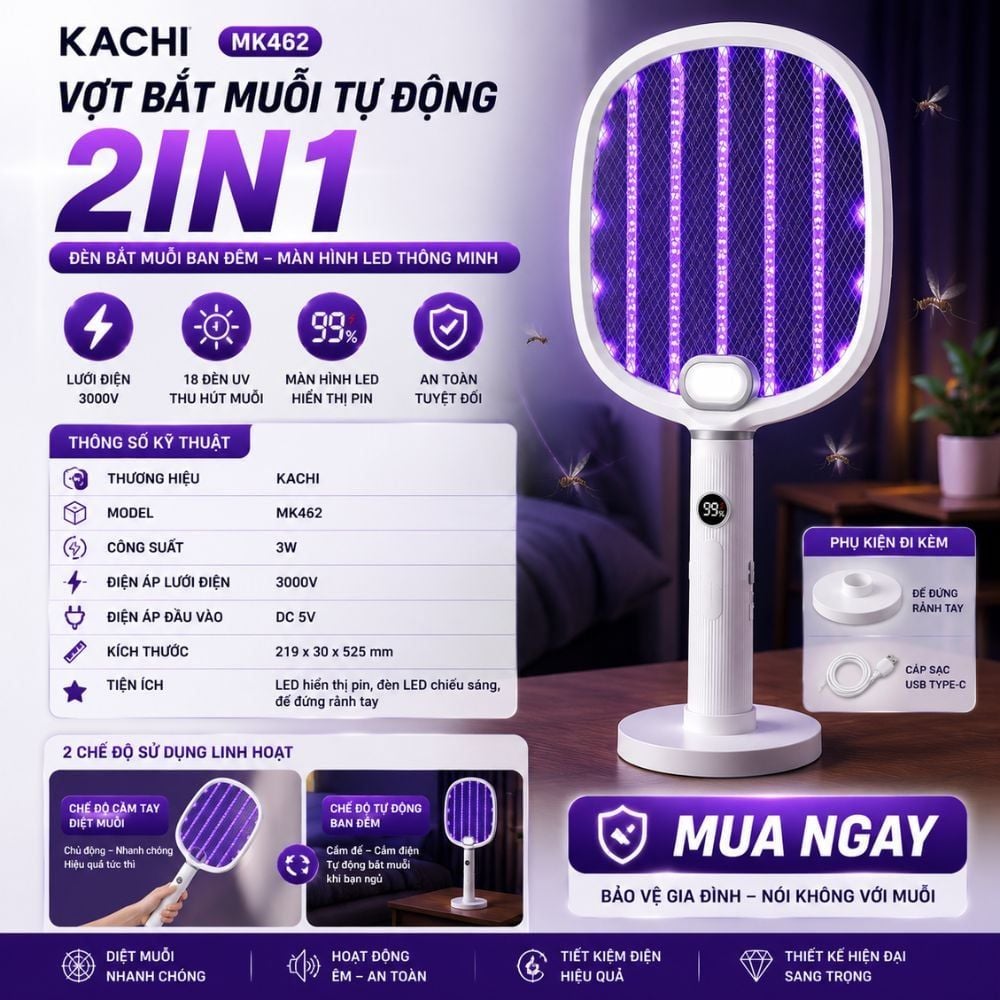 Vợt Bắt Muỗi Tự Động Kachi MK462 – Tích Hợp Đèn Bắt Muỗi, Màn Hình LED Thông Minh
