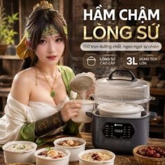 Nồi nấu chậm lòng sứ 3L Mishio MK397 kèm xửng hấp và 4 thố sứ tiện lợi không lo cháy khét hay bong tróc chống dính