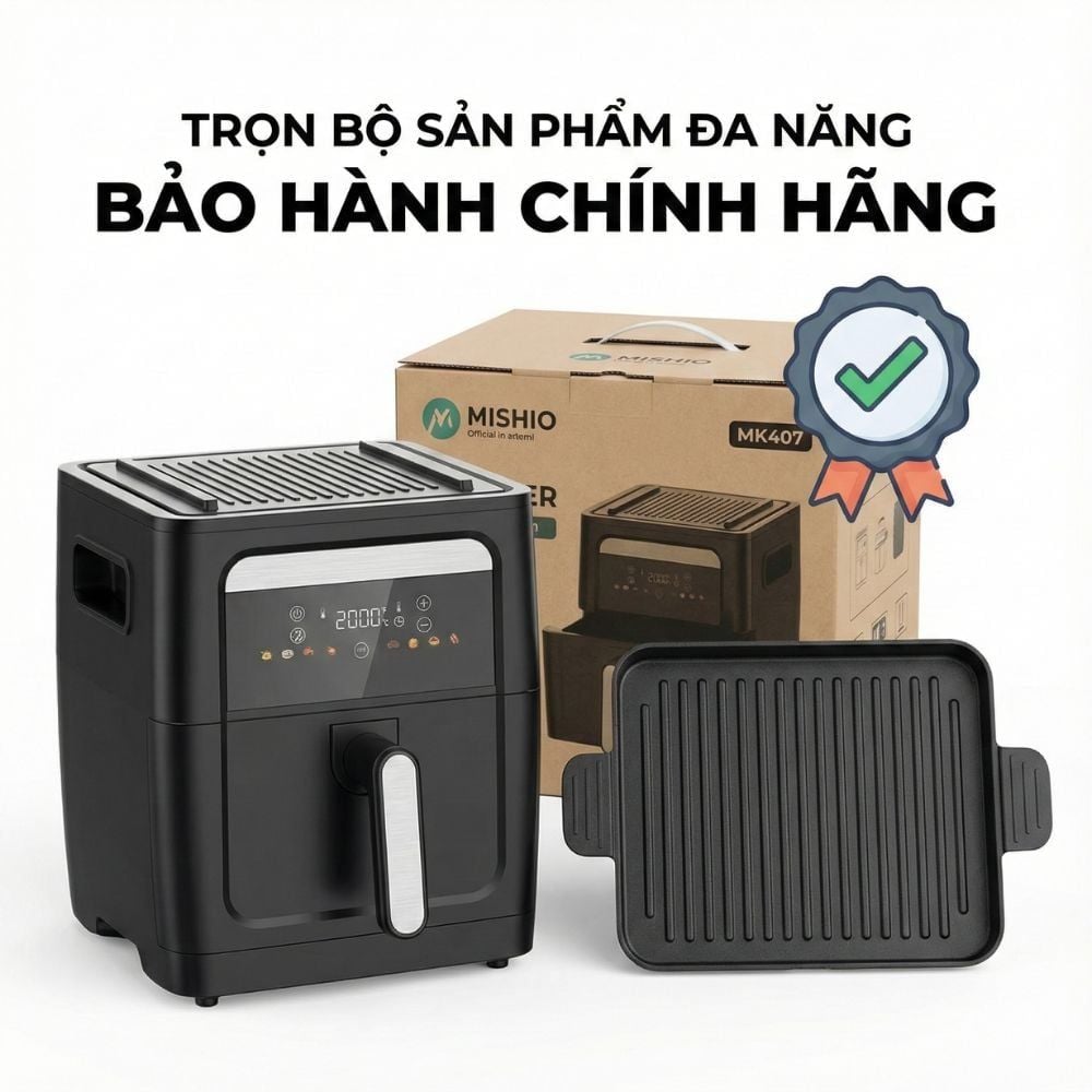 Nồi Chiên Không Dầu Kèm Vỉ Nướng 2-in-1 Mishio MK407: Nâng Tầm Món Ngon, Tiện Lợi Vượt Trội