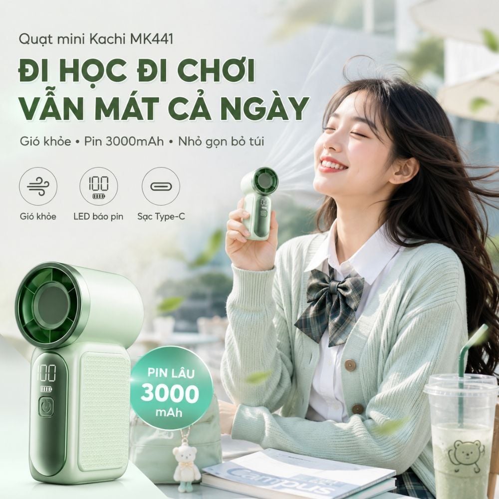 Quạt Cầm Tay Mini Kachi MK441 - Pin Khủng 3000mAh, Màn Hình LED Hiển Thị, 6 Cấp Độ Gió (Bảo Hành 18 Tháng)