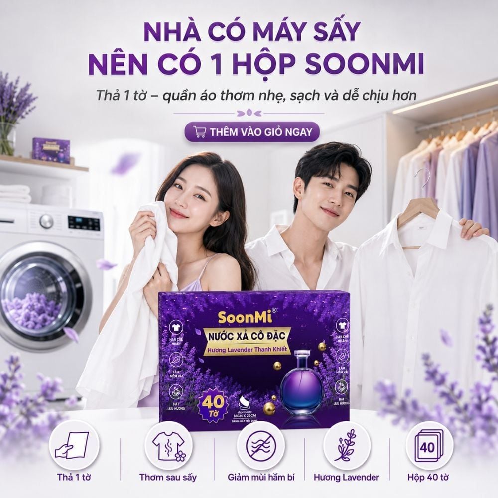 Nước xả cô đặc - Giấy Thơm Quần Áo SoonMi Hương Lavender - Nước Xả Cô Đặc Cho Máy Sấy (Hộp 40 Tờ) MK