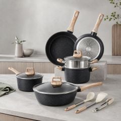 Bộ Nồi Chảo Chống Dính 12 Món Mishio MK468 – Phủ Granite Cao Cấp, Đáy Từ Đa Năng
