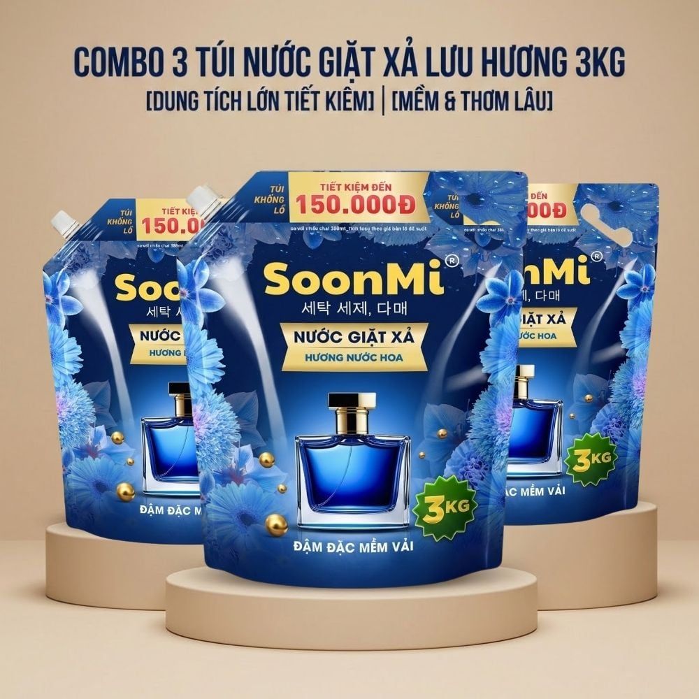 Nước Giặt Xả 2 Trong 1 Soonmi 3kg Đậm Đặc - Công Nghệ Hạt Lưu Hương Ngọc Trai Lên Tới 3 Tuần MK