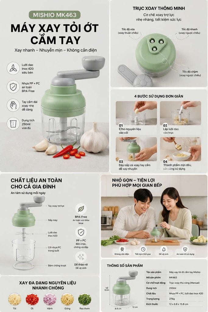 Máy Xay Tỏi Ớt Cầm Tay Mishio MK463 - Xoay tay siêu bền, dễ tháo lắp vệ sinh