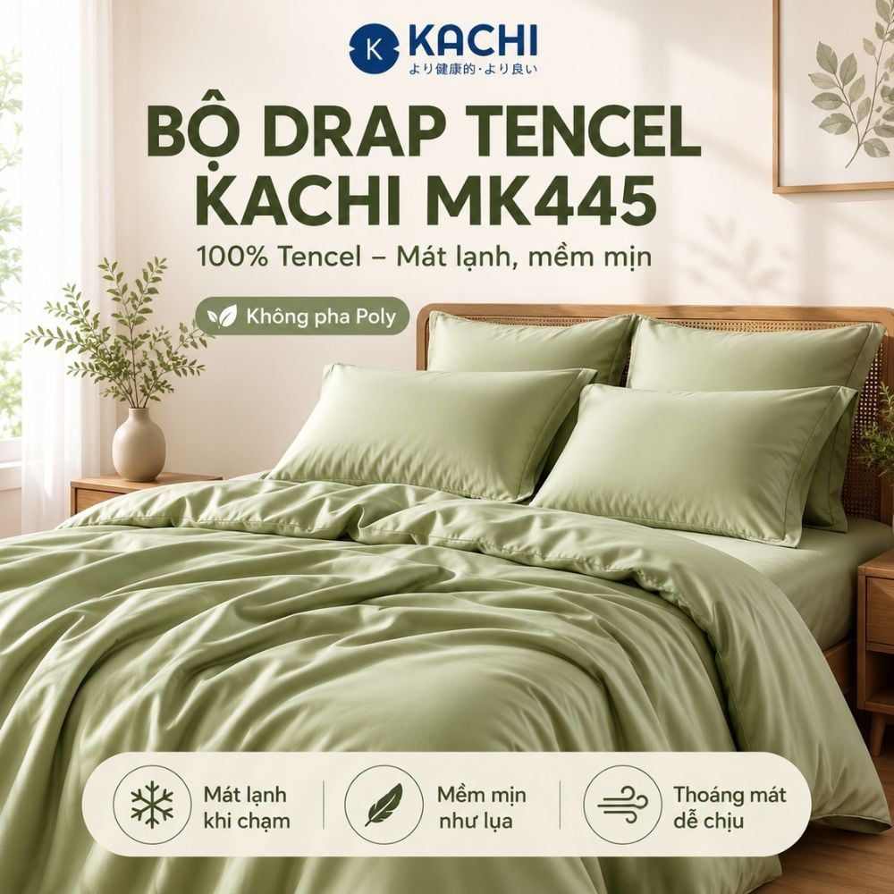 Bộ Drap Lụa Tencel 100% – Mát Lạnh, Mềm Mịn (Size 1m6/1m8 – Bọc Nệm Dày 20cm) MK445 Kachi
