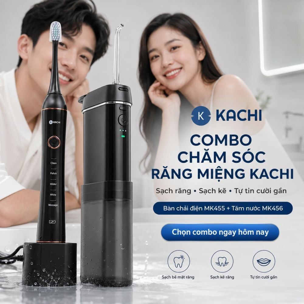 COMBO chăm sóc răng miệng toàn diện: bàn chải điện làm sạch bề mặt răng + tăm nước làm sạch kẽ răng