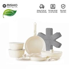 Bộ Nồi Chảo Đá Gốm Chống Dính Mishio 15 Món (5 Nồi Chảo) - Tay Cầm Tháo Rời Thông Minh, Không Chứa PFAS/PTFE, Tương Thích Mọi Loại Bếp MK