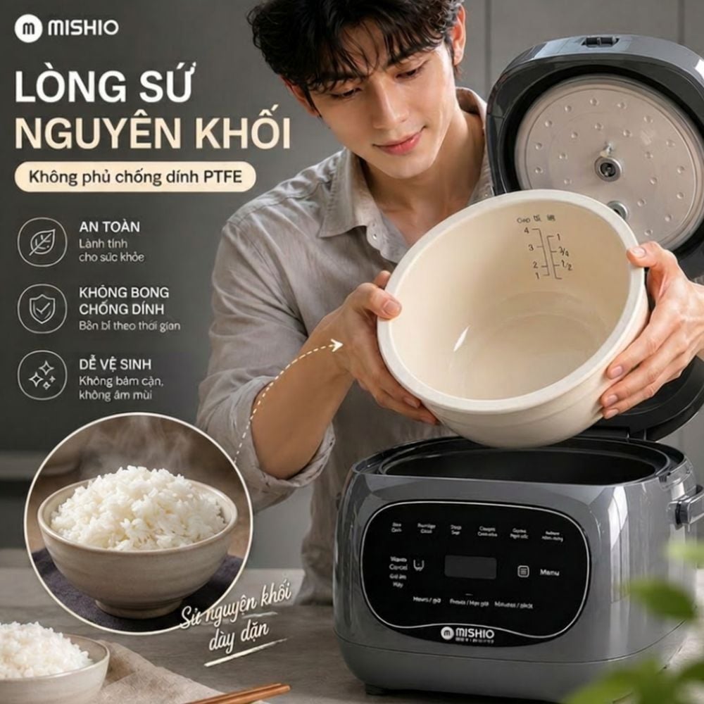 Hình ảnh chi tiết: Nồi cơm điện lòng sứ dưỡng sinh Mishio MK365 chống dính tự nhiên trọn đời không bong tróc