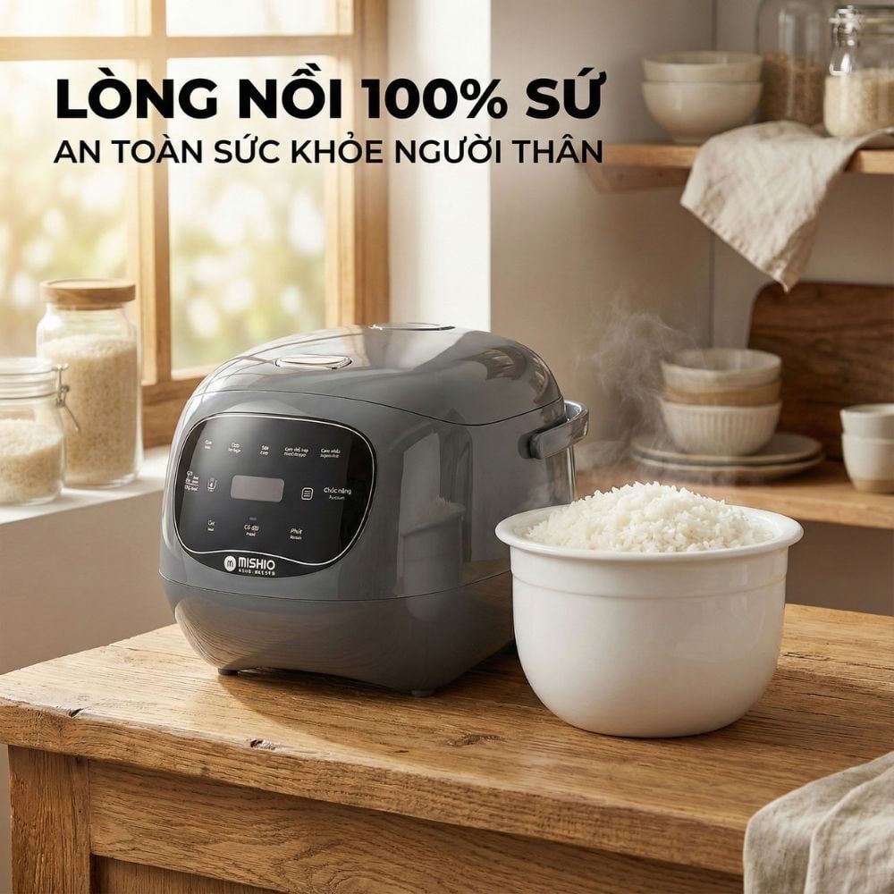Nồi cơm điện lòng sứ dưỡng sinh Mishio MK365 chống dính tự nhiên trọn đời không bong tróc