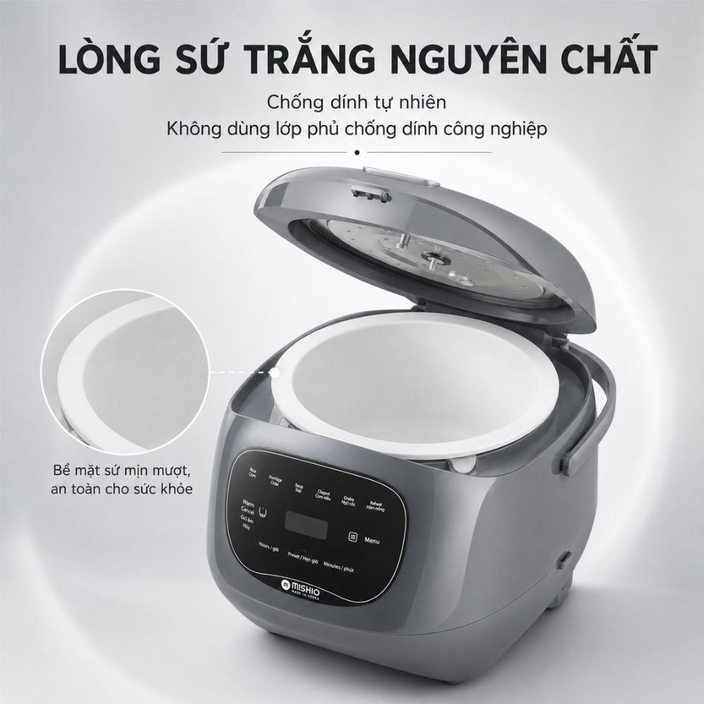 Nồi cơm điện lòng sứ dưỡng sinh Mishio MK365 chống dính tự nhiên trọn đời không bong tróc