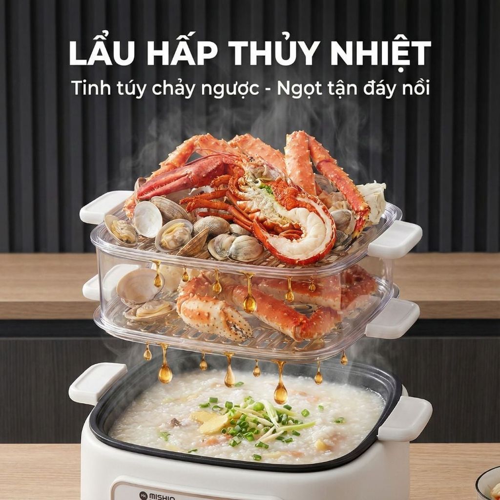 Nồi lẩu hấp thủy nhiệt Mishio MK382 khay hấp inox 304