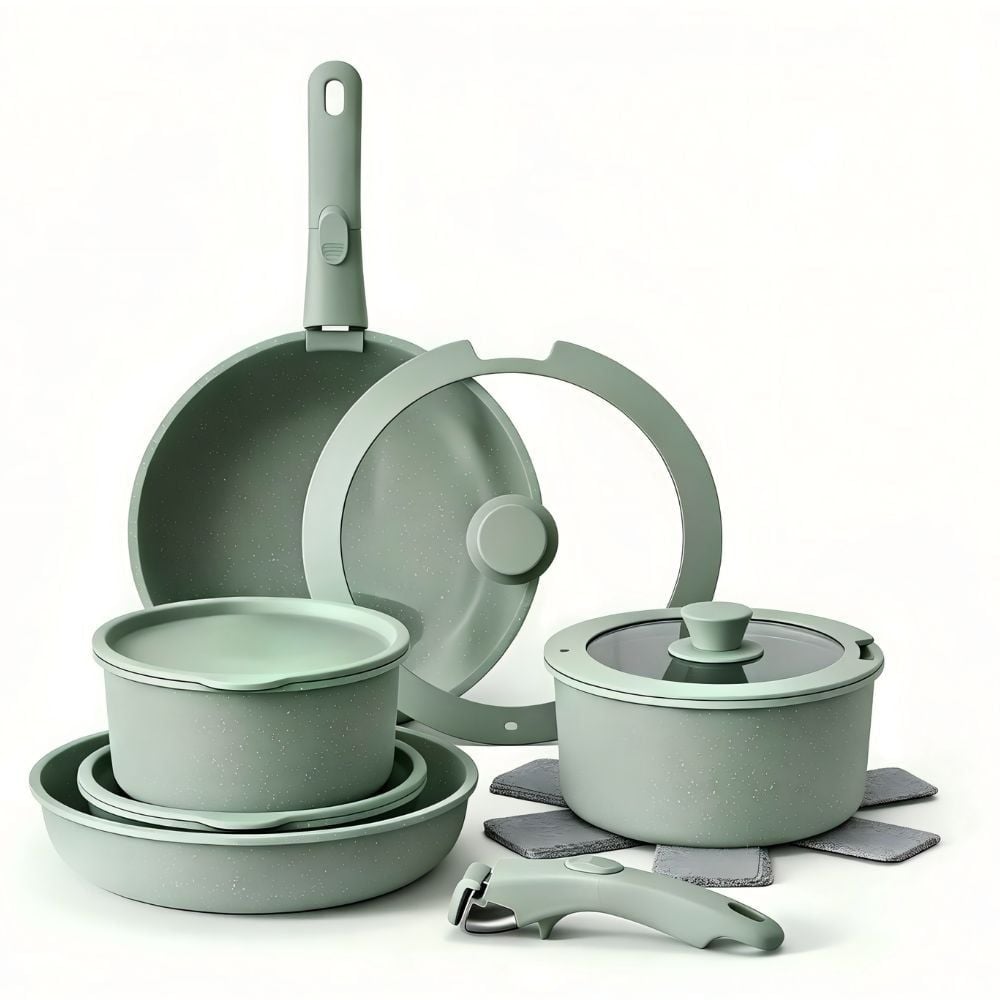 Bộ Nồi Chảo Đá Gốm Chống Dính Mishio 15 Món (5 Nồi Chảo) MK467- Tay Cầm Tháo Rời Thông Minh, Không Chứa PFAS/PTFE, Tương Thích Mọi Loại Bếp