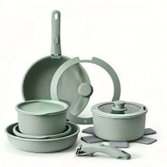 Bộ Nồi Chảo Đá Gốm Chống Dính Mishio 15 Món (5 Nồi Chảo) MK467- Tay Cầm Tháo Rời Thông Minh, Không Chứa PFAS/PTFE, Tương Thích Mọi Loại Bếp