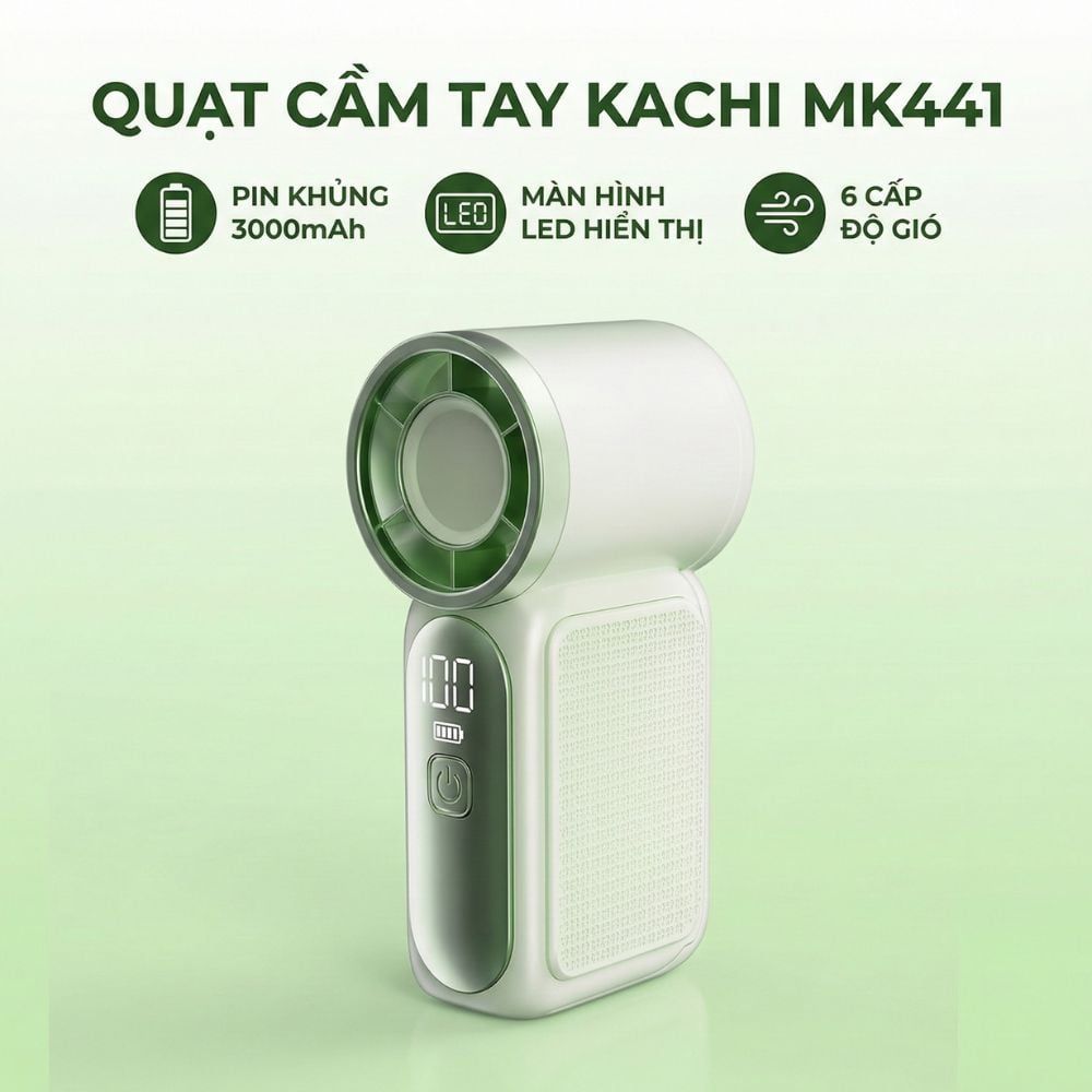 Quạt Cầm Tay Mini Kachi MK441 - Pin Khủng 3000mAh, Màn Hình LED Hiển Thị, 6 Cấp Độ Gió (Bảo Hành 18 Tháng)