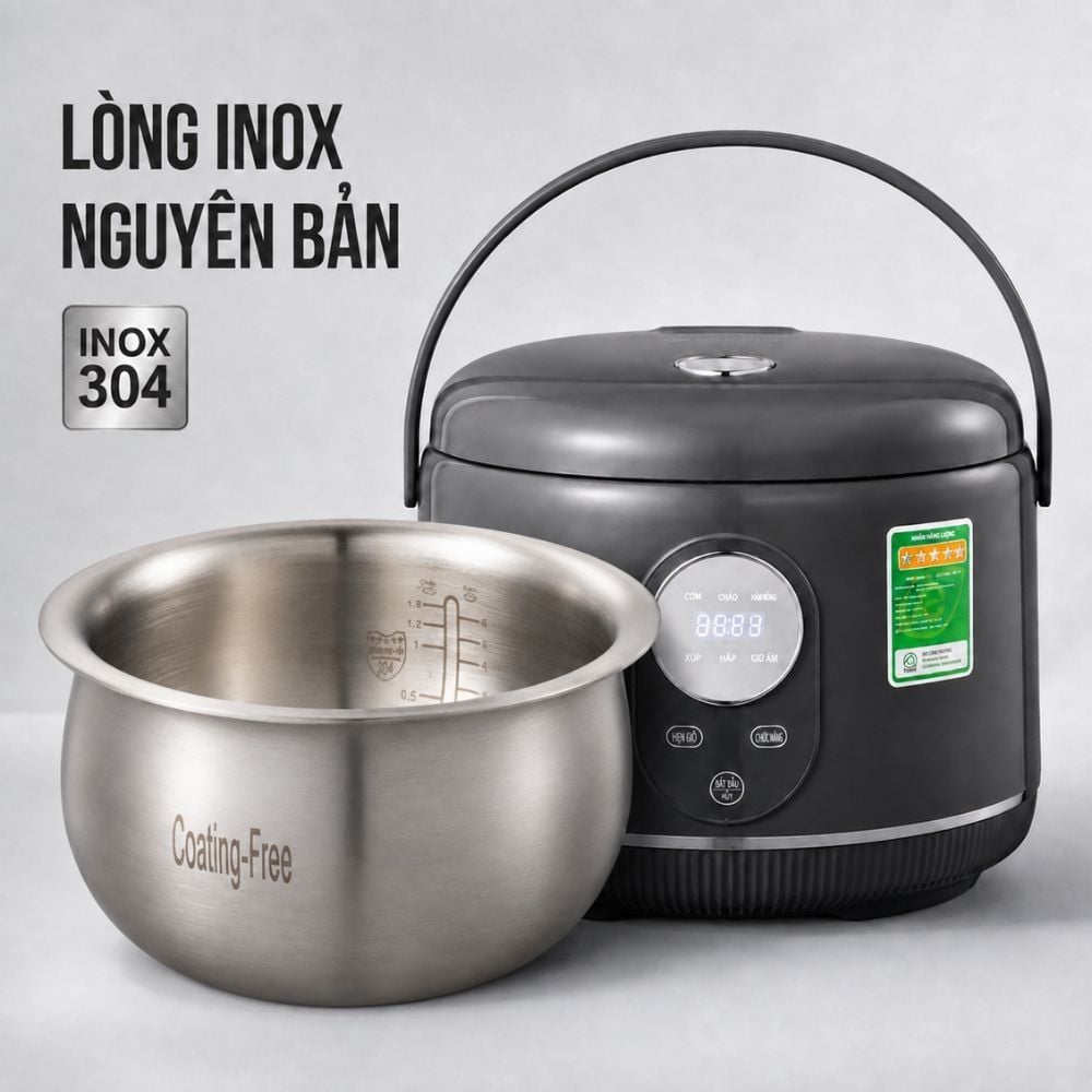 Hình ảnh chi tiết: Nồi cơm điện lòng inox 304 Mishio MK451 / MK452 (1,2 / 1,8L) không phủ chống dính