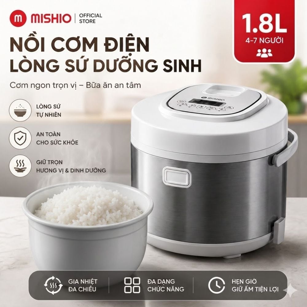 Nồi Cơm Điện Lòng Sứ 1.8Lít Mishio MK402 Không Bong Tróc Men Chống Dính Tự Nhiên