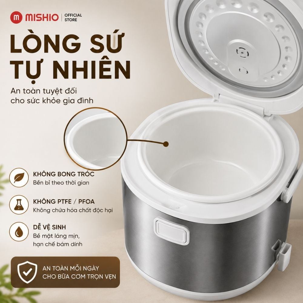 Nồi Cơm Điện Lòng Sứ 1.8Lít Mishio MK402 Không Bong Tróc Men Chống Dính Tự Nhiên
