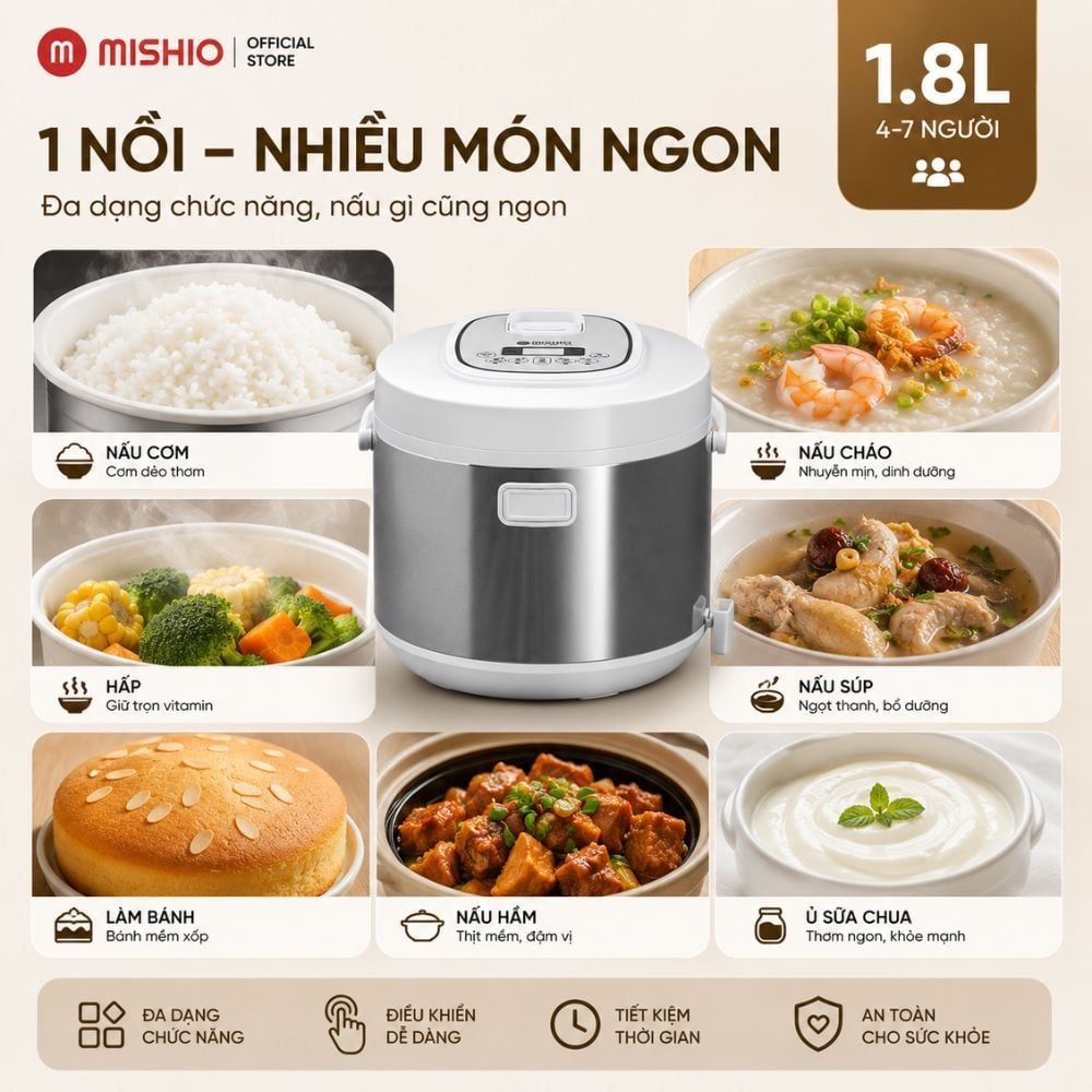Nồi Cơm Điện Lòng Sứ 1.8Lít Mishio MK402 Không Bong Tróc Men Chống Dính Tự Nhiên