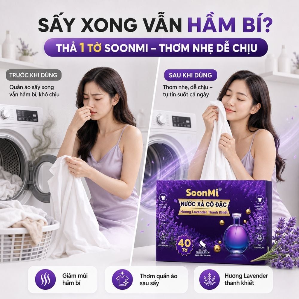 Nước xả cô đặc - Giấy Thơm Quần Áo SoonMi Hương Lavender - Nước Xả Cô Đặc Cho Máy Sấy (Hộp 40 Tờ) MK