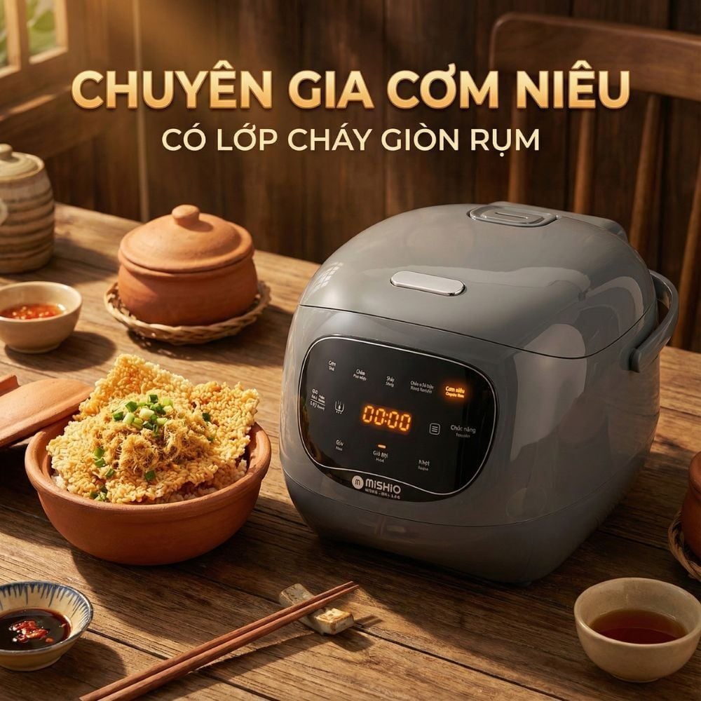 Nồi cơm điện lòng sứ dưỡng sinh Mishio MK365 chống dính tự nhiên trọn đời không bong tróc