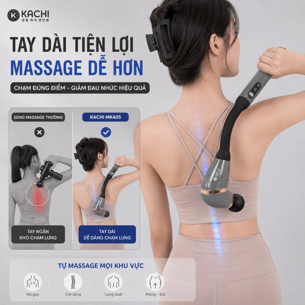 Gậy Massage Kachi MK405 – Súng Massage Cầm Tay Có Tay Nối Dài, Thư Giãn Sâu Từng Nhóm Cơ