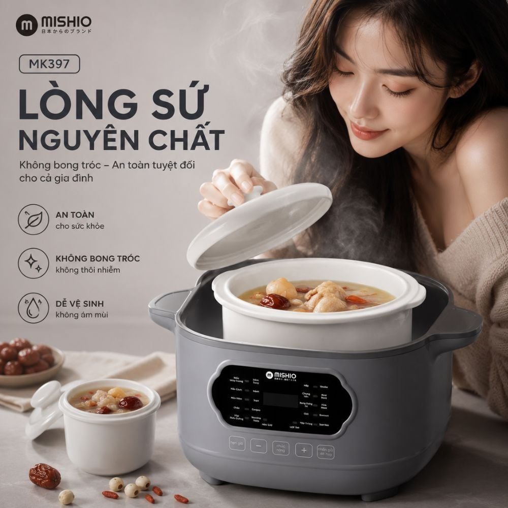 Nồi nấu chậm lòng sứ 3L Mishio MK397 kèm xửng hấp và 4 thố sứ tiện lợi không lo cháy khét hay bong tróc chống dính