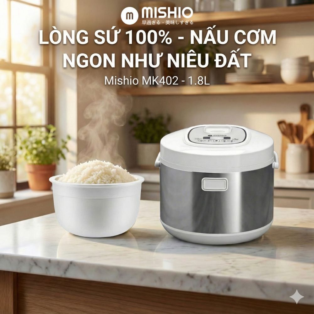 Nồi Cơm Điện Lòng Sứ 1.8Lít Mishio MK402 Không Bong Tróc Men Chống Dính Tự Nhiên