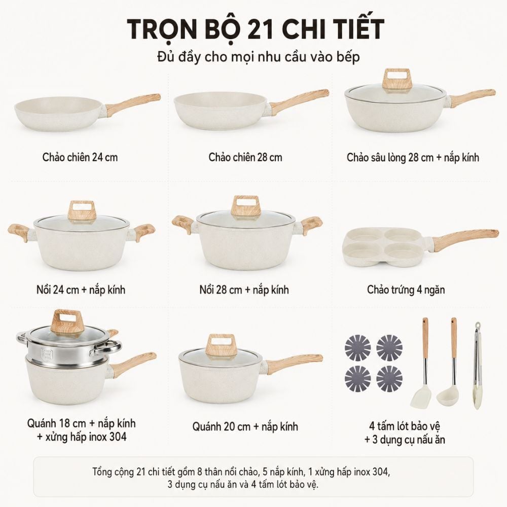 Bộ Nồi Chảo Chống Dính 21 Món Mishio MK469 – Trắng Kem Thanh Lịch, An Toàn Chuẩn FDA