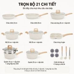 Bộ Nồi Chảo Chống Dính 21 Món Mishio MK469 – Trắng Kem Thanh Lịch, An Toàn Chuẩn FDA