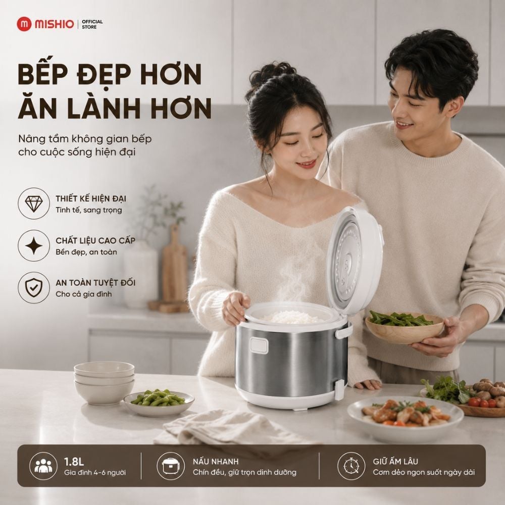 Nồi Cơm Điện Lòng Sứ 1.8Lít Mishio MK402 Không Bong Tróc Men Chống Dính Tự Nhiên