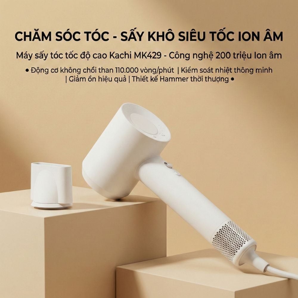 Máy Sấy Tóc Tốc Độ Cao Kachi ION (110.000 vòng/phút) - Sấy Nhanh, Chăm Sóc Tóc Ion Âm, Kiểm Soát Nhiệt NTC