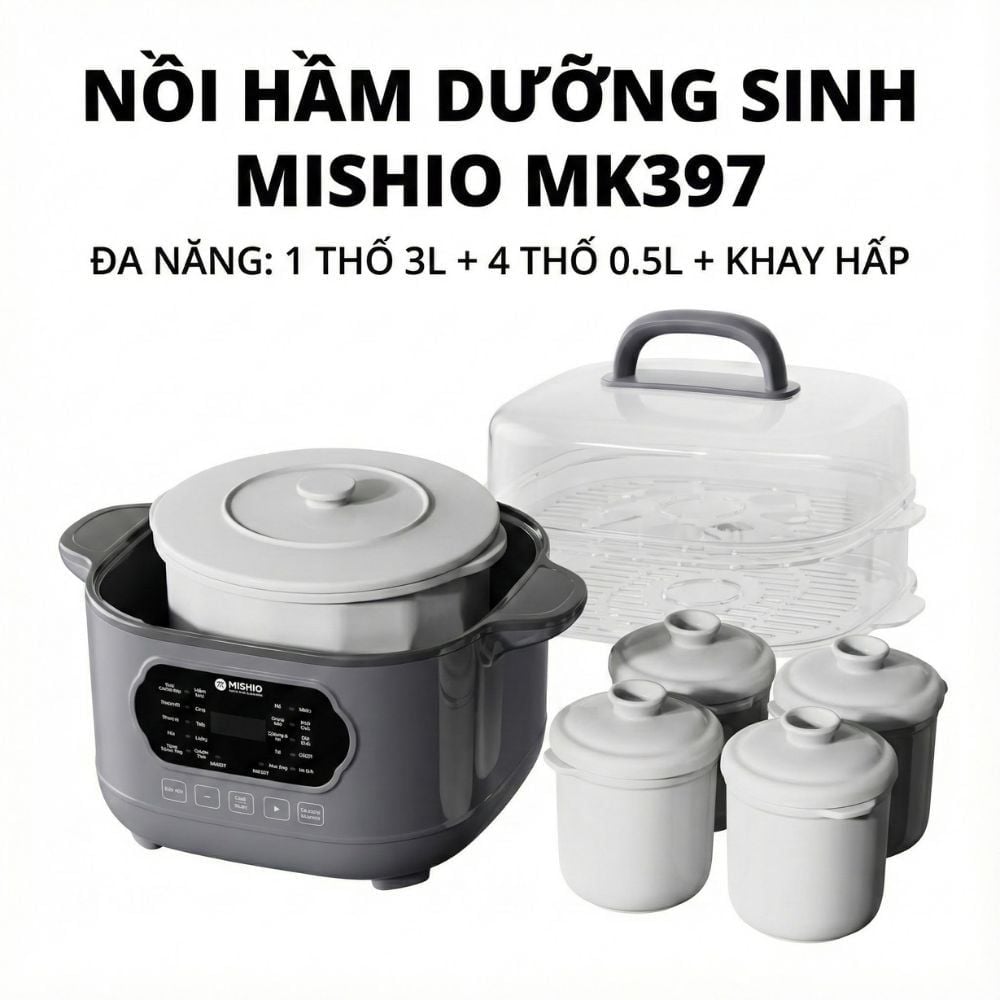 Nồi nấu chậm lòng sứ 3L Mishio MK397 kèm xửng hấp và 4 thố sứ tiện lợi không lo cháy khét hay bong tróc chống dính