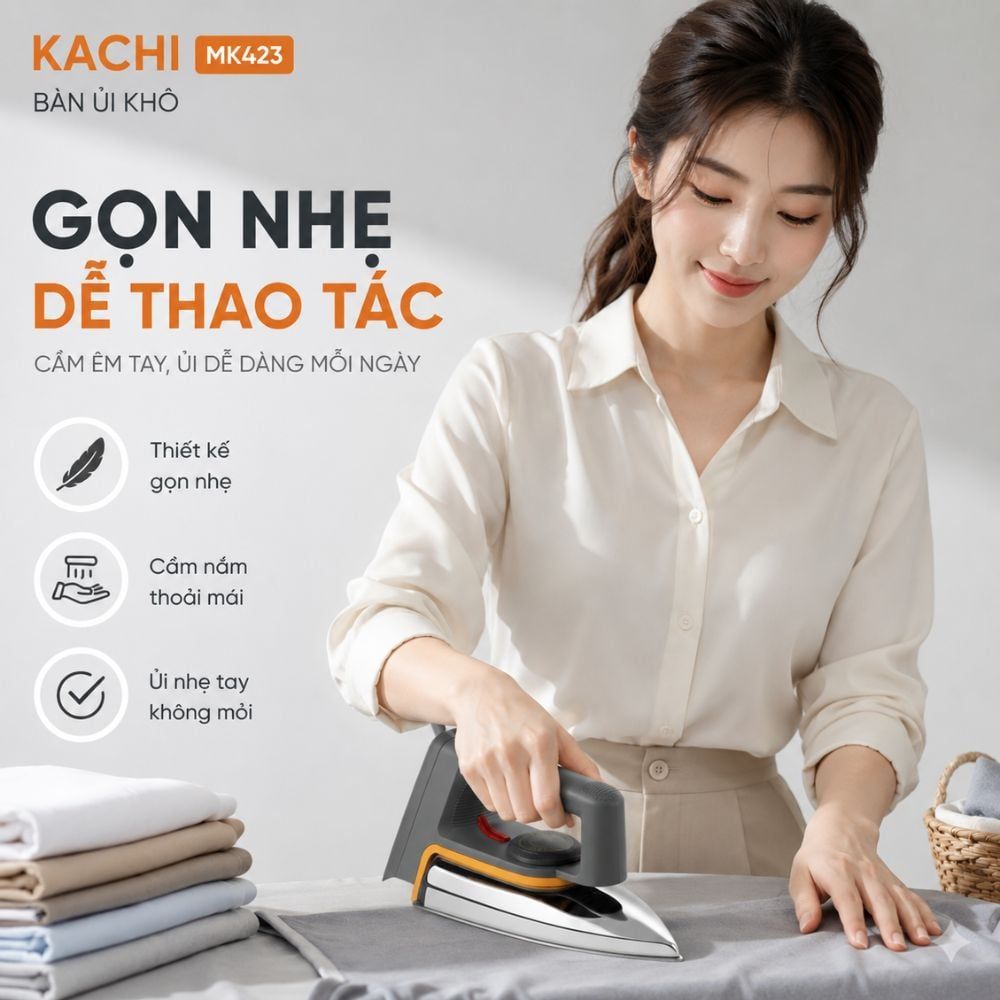 Bàn ủi khô Kachi MK423 1000W - Là phẳng mọi nếp nhăn, an toàn cho mọi loại vải