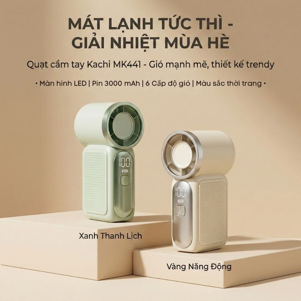 Quạt Cầm Tay Mini Kachi MK441 - Pin Khủng 3000mAh, Màn Hình LED Hiển Thị, 6 Cấp Độ Gió (Bảo Hành 18 Tháng)