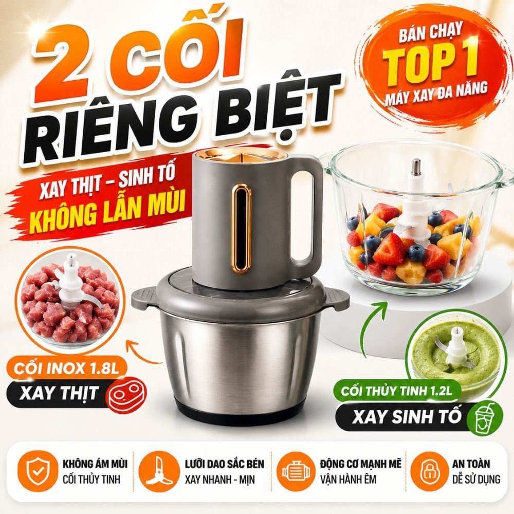 Máy Xay Thực Phẩm Đa Năng Mishio MK444 (2.0L) - Cối Thủy Tinh tặng cối Inox 304 Phân Loại Thực Phẩm Sống Chín