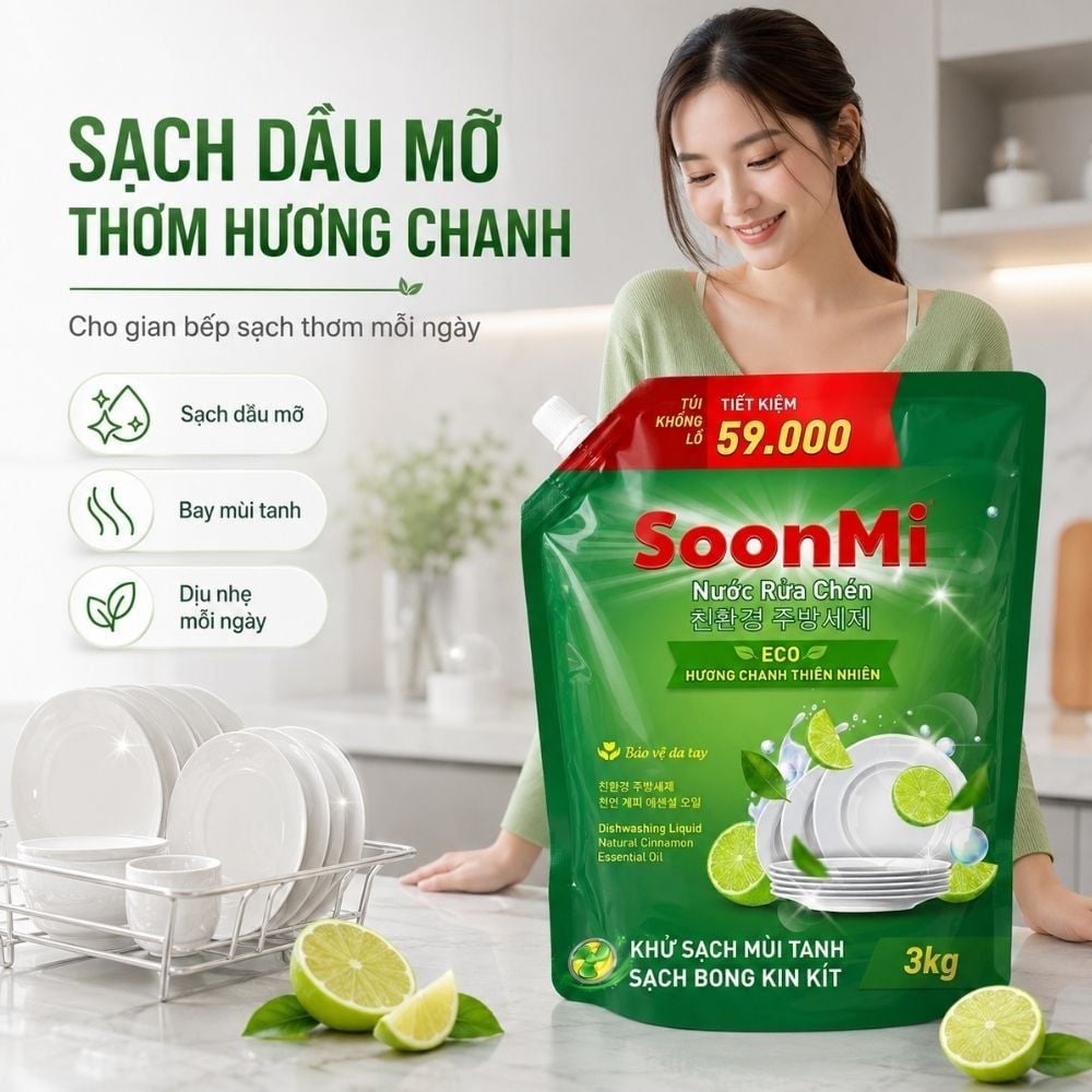 Nước Rửa Chén Soonmi Hương Chanh 1.2kg & 3kg - Sạch Bong Kin Kít, An Toàn Da Tay MK