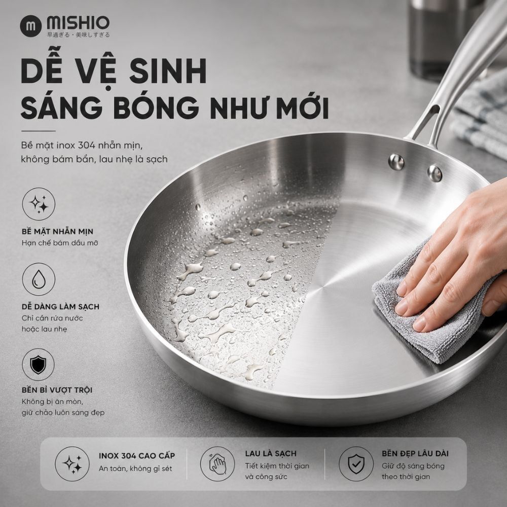 Chảo Inox đáy từ 3 Lớp Mishio (Size 22, 24, 26, 28, 30cm) MK433, MK434, MK435, MK436, MK437 – Đúc Nguyên Khối, Đáy Từ, An Toàn Vượt Trội