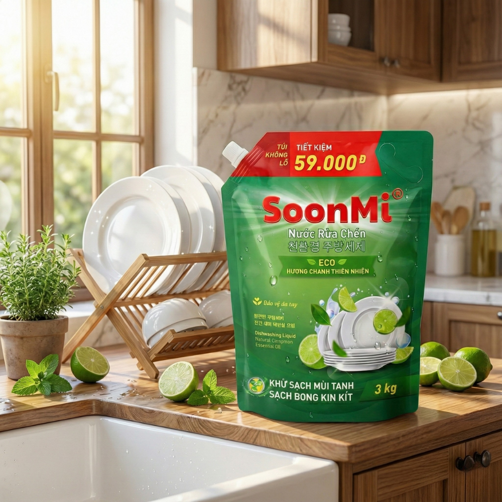 Nước Rửa Chén Soonmi Hương Chanh 1.2kg & 3kg - Sạch Bong Kin Kít, An Toàn Da Tay