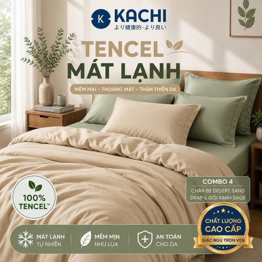 Hình ảnh chi tiết: Bộ Drap Lụa Tencel 100% – Mát Lạnh, Mềm Mịn (Size 1m6/1m8 – Bọc Nệm Dày 20cm) MK445 Kachi