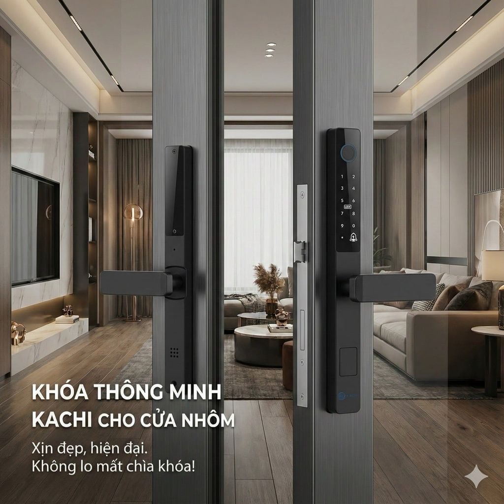Khóa Thông Minh Kachi MK42 - Chuyên Dụng Cửa Nhôm Xingfa, Cửa Kính | Mở Khóa Qua App Tuya, Vân Tay, Thẻ Từ | Chống Nước IP65