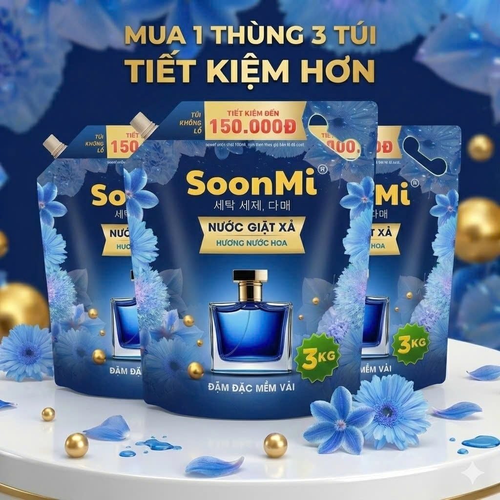Nước Giặt Xả 2 Trong 1 Soonmi 3kg Đậm Đặc - Công Nghệ Hạt Lưu Hương Ngọc Trai Lên Tới 3 Tuần MK