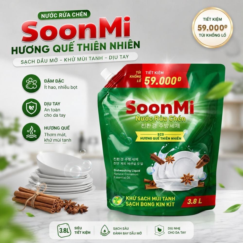 Hình ảnh chi tiết: Nước rửa chén hương Quế Soonmi túi lớn 4KG – Dung tích 3.8L MK
