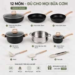 Bộ Nồi Chảo Chống Dính 12 Món Mishio MK468 – Phủ Granite Cao Cấp, Đáy Từ Đa Năng