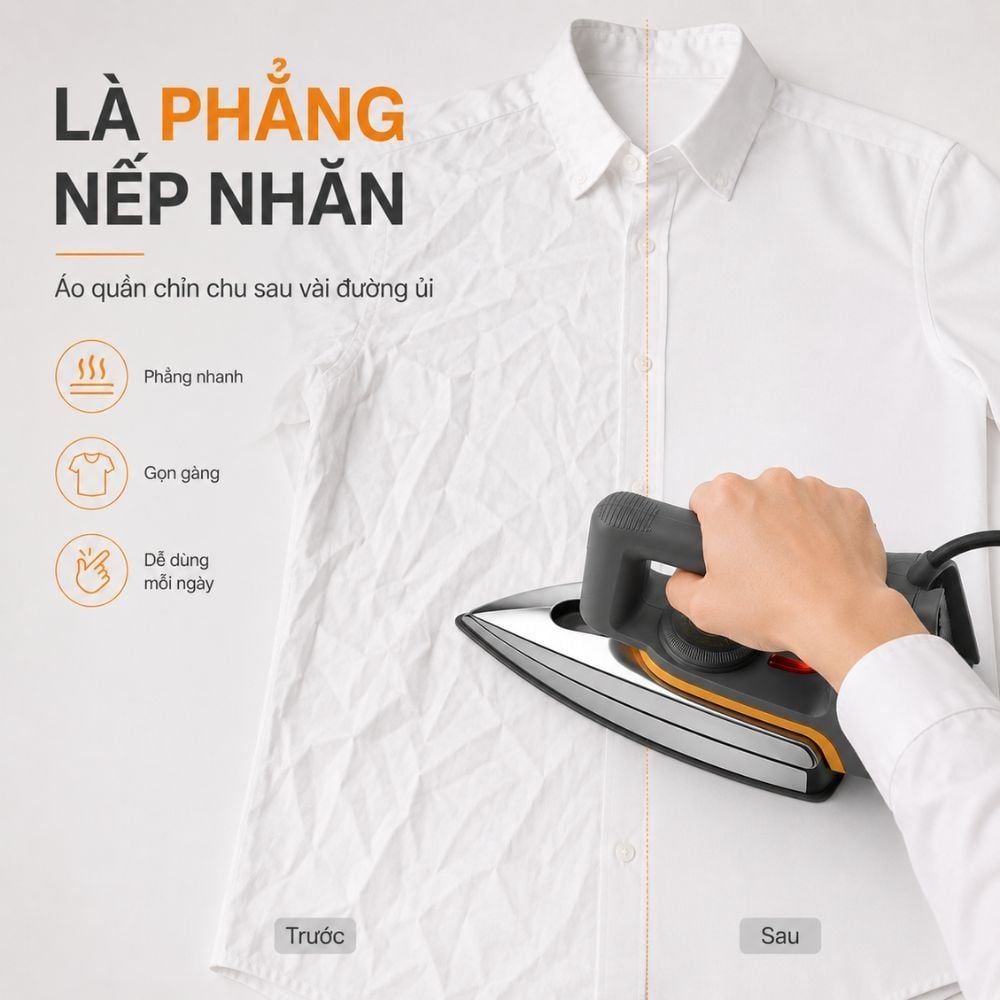 Bàn ủi khô Kachi MK423 1000W - Là phẳng mọi nếp nhăn, an toàn cho mọi loại vải
